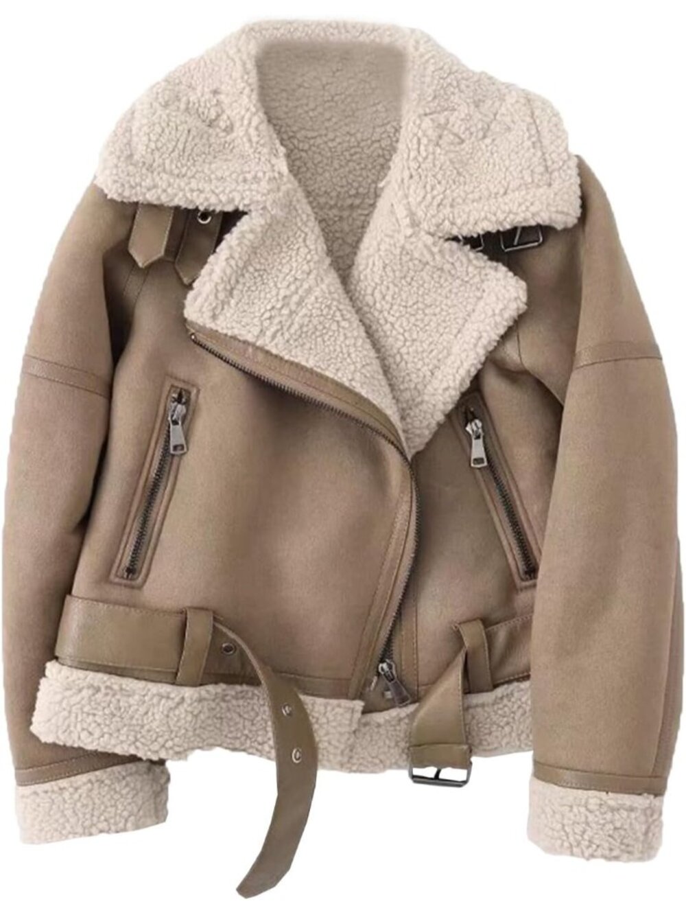 Women’s Faux Suede Shearling Moto Jacket Brown, Warm Lined Winter Leather Coat